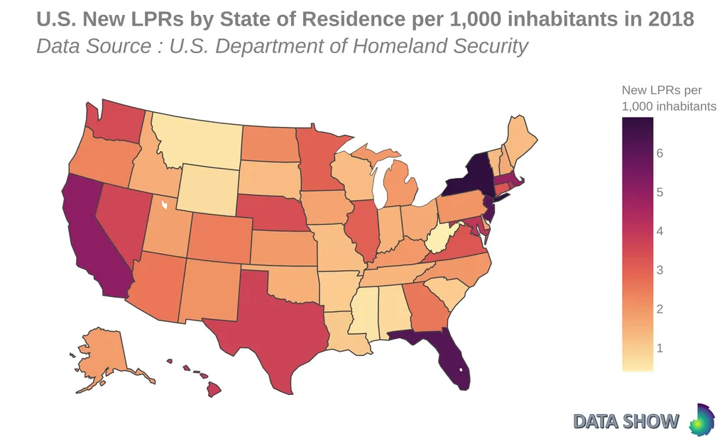 New U.S. Lawful Permanent Residents by State of Residence per capita in 2018 - Map New U.S. Lawful Permanent Residents by State of Residence per capita in 2018 - Map