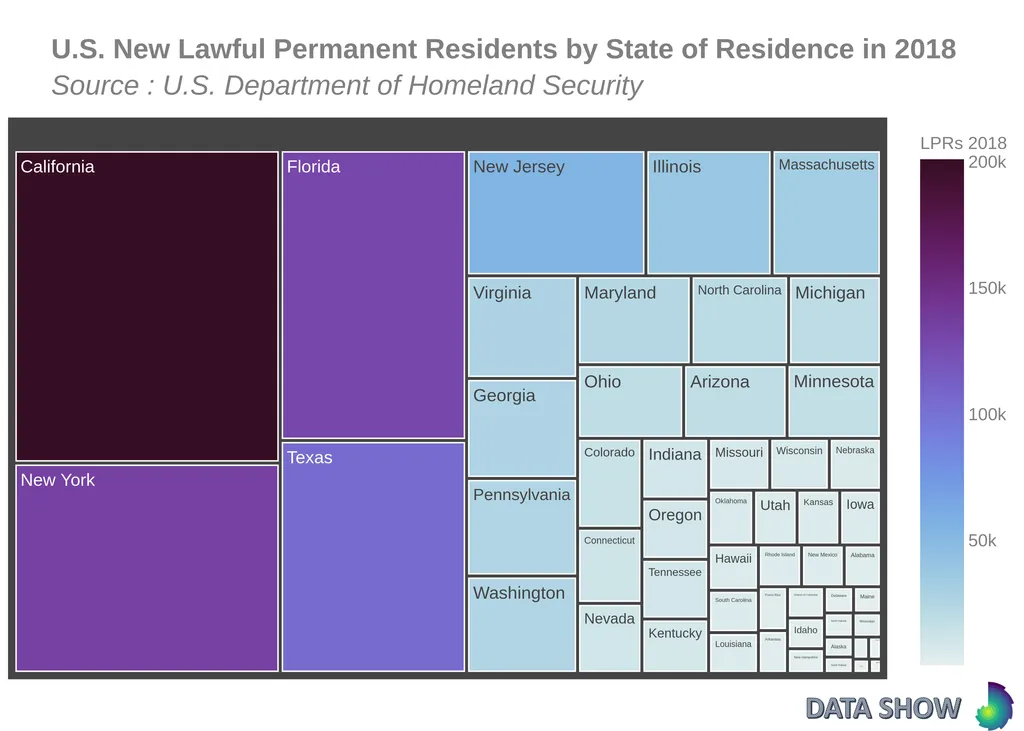 U.S. New Lawful Permanent Residents by State of Residence in 2018 - Treemap U.S. New Lawful Permanent Residents by State of Residence in 2018 - Treemap