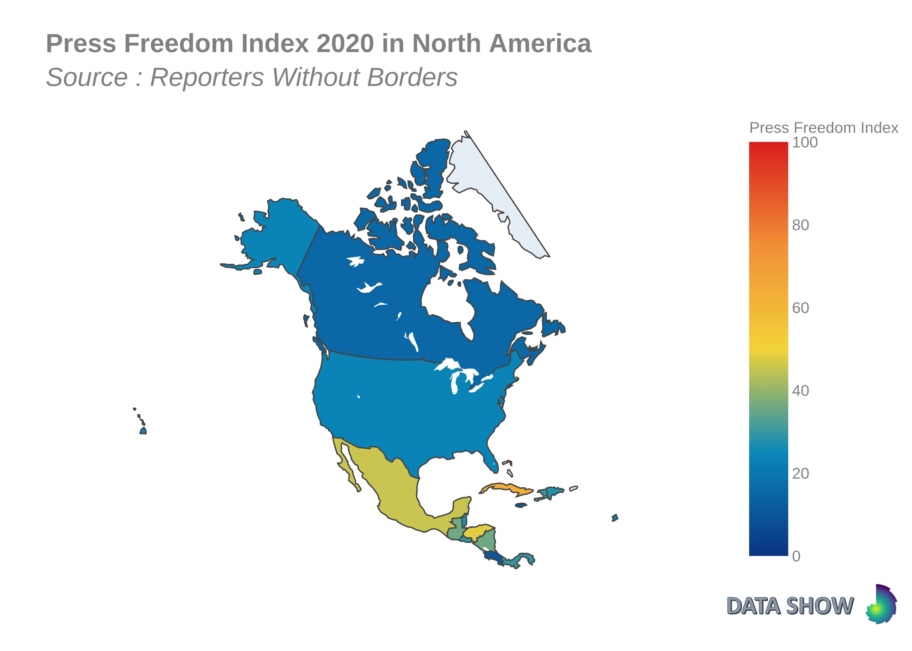 Press Freedom Index 2020 in North America World Press Freedom Index - North America Map